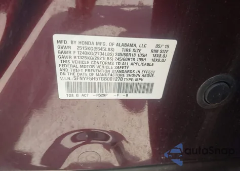 2016 Honda Pilot Ex-L z USA, uszkodzony, nr VIN 5FNYF5H57GB001270